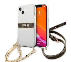 Guess Transparent hnědý řemínek, zlatý řetízek / Zadní kryt pro Apple iPhone 13 mini / Hardcase / 4G