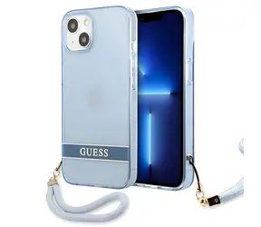 Guess Translucent Strap modrá / Pouzdro / Apple iPhone 13 mini / tvrzený plast / průsvitné poutko