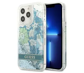 GUESS Liquid Glitter Flower zelená / Zadní kryt / Apple iPhone 13 a iPhone 13 Pro