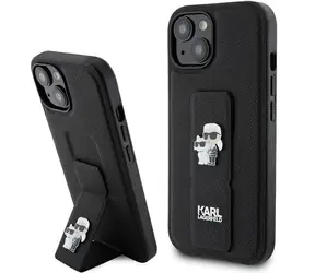 Karl Lagerfeld Gripstand Saffiano Karl & Choupette Pins černá / Zadní kryt / iPhone 15 Plus, 14 Plus