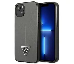 Guess GUHCP14SPSATLG Saffiano Triangle Logo stříbrná / Tvrzený kryt / Apple iPhone 14 / 6,1"