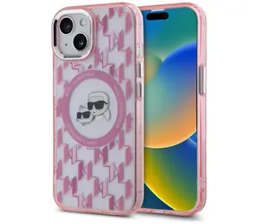 Karl Lagerfeld IML Monogram Karl & Choupette Head iPhone 15 růžová / Zadní kryt / MagSafe / IML