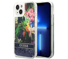 Guess Flower Liquid Glitter iPhone 14 Plus modrá / Pouzdro