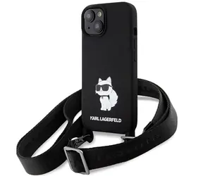 Karl Lagerfeld Crossbody Silicone Choupette černá / Kryt pro Apple iPhone 15 / Silikonový / S poutkem na rameno