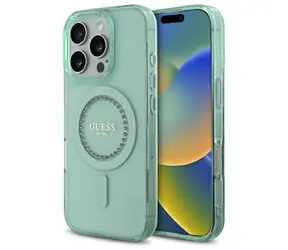 Guess IML Rhinestones zelená / Kryt / pro Apple iPhone 16 Pro / MagSafe
