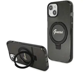 GUESS IML Ring Stand Script Glitter MagSafe černá / Zadní kryt / Pro Apple iPhone 15 Plus a 14 Plus