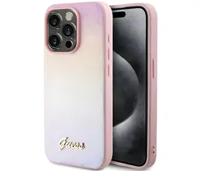 Guess Saffiano Iridescent Script růžová / Zadní kryt pro Apple iPhone 14 Pro
