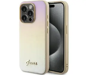 Guess Saffiano Iridescent Script iPhone 14 Pro Max zlatá / Zadní kryt / Saffiano kůže