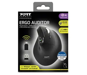 PORT CONNECT ERGO AUDITOR černá / Bezdrátová ergonomická myš / Bluetooth + 2,4 GHz / 4 800 DPI / 6 tlačítek