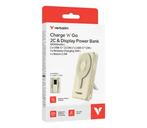 Verbatim Charge 'n' Go 2C zlatá / Powerbanka / 10000 mAh / Displej / USB-C / Bezdrátové nabíjení 15W