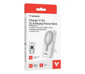 Verbatim Charge 'n' Go 2C stříbrná / Powerbanka / 10000 mAh / Displej / USB-C / Bezdrátové nabíjení 15W