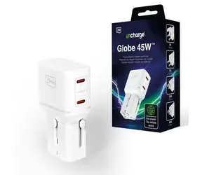 3mk incharge Globe 45W bílá / Cestovní nabíječka / GaN / 2x USB-C PD / QC4+ / PPS / adaptér US/UK/AUS/EU