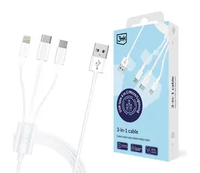 3mk Cable 3in1 bílý / Kabel / 3v1 USB-A - Lightning/USB-C/microUSB / 1,2 m / 15 W