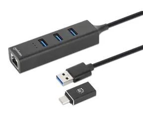 Manhattan Kombo-hub USB-C/USB-A s LAN adaptérem černý / USB hub / 3x USB-A 3.2 Gen 1 / Gigabit LAN / 5 Gbps