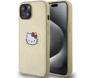 Hello Kitty Kitty Head kožené MagSafe pouzdro pro iPhone 15 zlatá / Pouzdro / Kožené / MagSafe