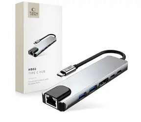 Tech-Protect HB02 šedá / USB-C hub 6v1 / HDMI 4K/30Hz / RJ45 / PD 100W
