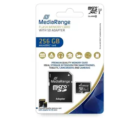 MediaRange microSDXC 256GB + SD adaptér / Class 10 / UHS-I / R: 80 MB/s / W: 10 MB/s
