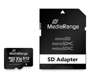 MediaRange microSDXC 512GB + SD adaptér / Class 10 / UHS-I U3 / R: 100MBs / W: 30 MBs