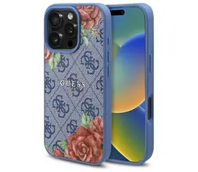 GUESS 4G Flowers Print modrá / Zadní kryt / MagSafe / pro iPhone 16 Pro Max