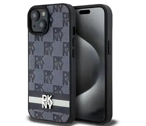 DKNY Leather Checkered Mono Pattern & Printed Stripes Zadní Kryt pro Apple iPhone 15 Plus / 14 Plus černá
