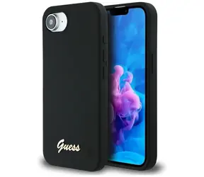GUESS Silicone Script Metal Logo černá / Pouzdro / MagSafe / pro iPhone 16e