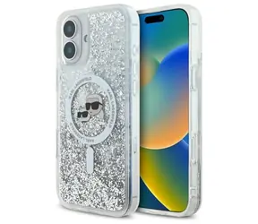 Karl Lagerfeld Liquid Glitter Karl & Choupette Head transparentní / Pouzdro / Apple iPhone 16 Plus / MagSafe