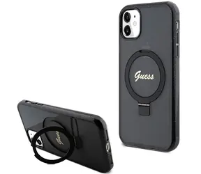 GUESS Ring Stand Script Glitter černá / Pouzdro / MagSafe / pro iPhone 11 / Xr