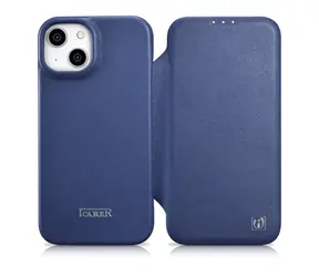 iCarer CE Premium Folio modrá / Pouzdro / Kožené flip / MagSafe / Apple iPhone 14 Plus