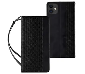 Hurtel Magnetické pouzdro s peněženkou pro Apple iPhone 12 černá / Pouzdro / Magnetické zavírání / S poutkem na krk