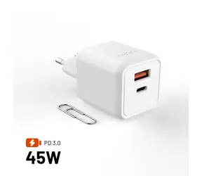 FIXED Mini bílá / Síťová GaN nabíječka / USB-C + USB-A / PD 45W
