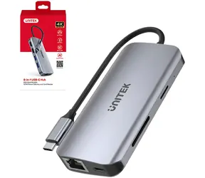 Unitek USB-C hub šedá / Hub USB / 8v1 / 2x HDMI 4K / RJ-45 / čtečka SD karet / PD 100W / 5 Gbps