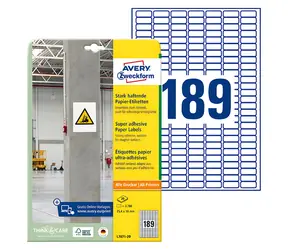 Avery Zweckform Etikety L7871-20 bílé, extra lepivé / Etikety / 25,4x10 mm / A4 / 189 ks / Laser/Inkjet