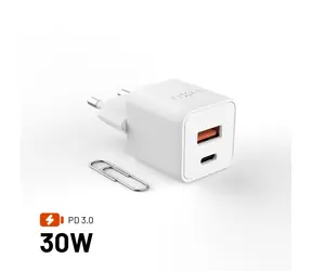 FIXED Mini bílá / Síťová nabíječka / GaN / USB-C + USB-A / 30W / PD3.0