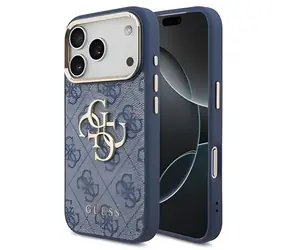 Guess PU Leather 4G Metal Logo Gold Frame modrá / Zadní kryt / iPhone 18 Pro