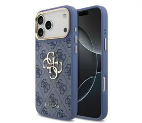 Guess PU Leather 4G Metal Logo Gold Frame modrá / Zadní kryt / iPhone 18 Pro Max