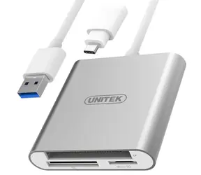 Unitek Y-9313D stříbrná / Čtečka paměťových karet / USB 3.0 / CF, SDXC, microSD / adaptér USB-C
