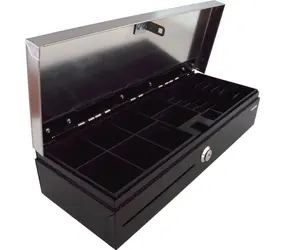 VIRTUOS FT-460C2 černá / Pokladní zásuvka flip-top / s kabelem / zamykatelný kryt pořadače / nerez víko / 9-24V