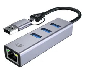 Conceptronic multiportový adaptér USB-C a USB-A šedá / USB-LAN adaptér / Gigabit Ethernet / 3x USB-A 3.0 / 5 Gbit/s