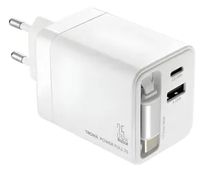 Troika POWER PULL 35 bílá / Nabíječka / GaN / USB-C + USB-A / 35W PD / výsuvný kabel USB-C