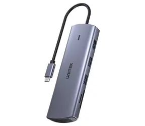 Unitek USB-C hub stříbrná / Hub USB / 9v1 / HDMI / VGA / RJ-45 / čtečka SD karet / PD 100W