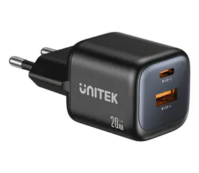 Unitek Zeno černá / Síťová nabíječka / GaN / USB-C PD 20W / USB-A / 2 porty