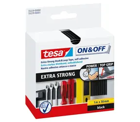 Tesa ON&OFF Extra Strong černá / Suchý zip pásek / samolepicí / 50 mm / 1 m