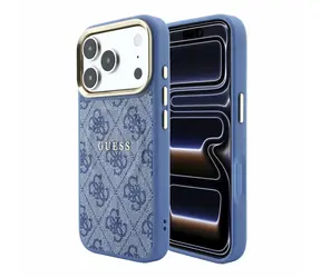 Guess PU Leather 4G Gold Frame Embossed kryt iPhone 18 Pro Max modrá / Zadní kryt / MagSafe / Apple iPhone 18 Pro Max