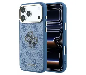 Guess PU 4G Resin Metal Logo iPhone 18 Pro Max modrá / Zadní kryt / Umělá kůže / Kovové logo