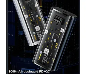 USAMS US-CD189 černá / Powerbanka / 9000mAh / PD 20W + QC3.0 / 2x USB