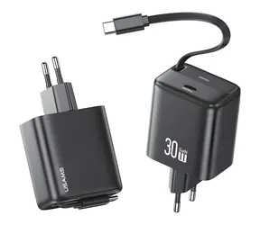 USAMS CC241 černá / Nabíječka / GaN / USB-C PD+QC / 30 W / výsuvný kabel