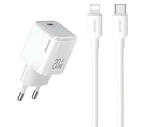 USAMS US-CC183 + US-SJ610 bílá / Nabíječka a kabel / USB-C PD 20W / Lightning / GaN