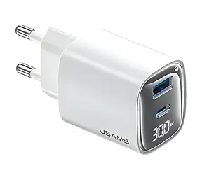 USAMS XC Series CC229 bílá / Nabíječka / GaN / USB-C + USB-A / 30W / Digitální displej