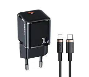 USAMS T45 černá / Nabíječka / USB-C 30W / PD3.0 / QC3.0 / vč. kabelu USB-C-Lightning