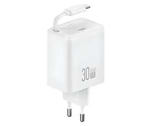 USAMS CC241 bílá / Nabíječka / GaN / USB-C PD+QC / 30 W / výsuvný kabel